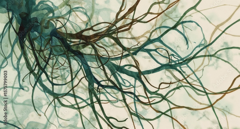 Poster Abstract rendering of intertwining dark green and brown branches on a light background texture