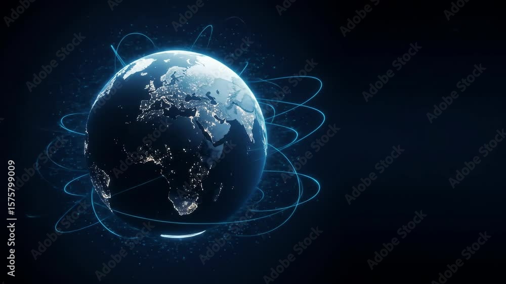 Poster global network connection - a stylized rotating earth is encircled by glowing blue lines, representi