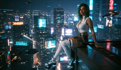 Cyberpunk Cityscape with Futuristic Woman: A woman, exuding confidence, sits atop a building in a neon-lit cyberpunk cityscape. The towering skyscrapers and holographic displays create a vibrant.