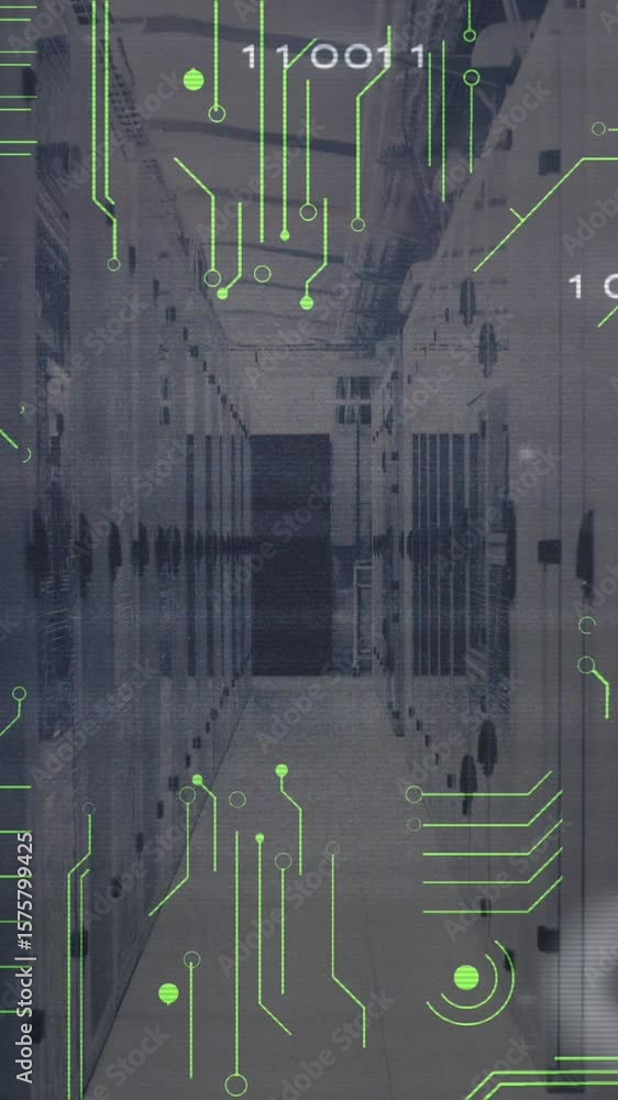 Poster animation of x symbol with binary codes and circuit board patterns over server room