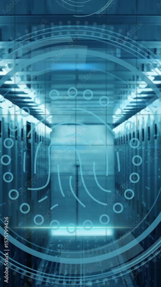 Poster animation of data protection text, fingerprint in circles, icons, computer language on server room
