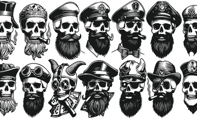 Vintage Linocut Skull Portraits in Black and White Archetypal Characters Sketch