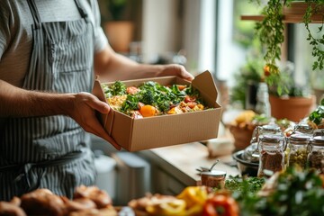 Client receiving a lunch box from a delivery man at home, symbolizing the convenience and efficiency of food delivery services, Generative AI