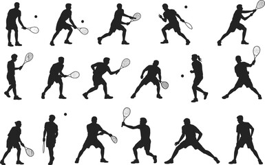 Silhouettes of tennis players in action, holding rackets, dynamic poses, playing sport outdoors, isolated motion, competitive athletes, game moments, movement captured