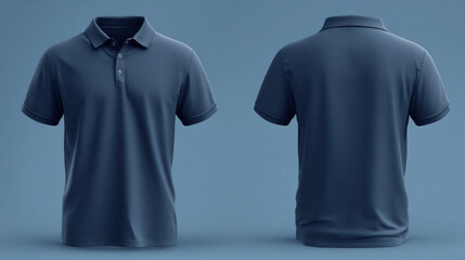 Plain navy blue short-sleeve polo shirt displayed flat with front and back view, minimal style for uniform or merchandise mockup