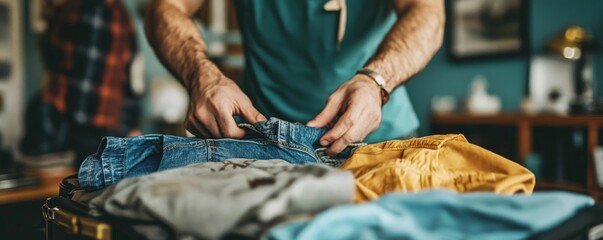 People checking clothes into luggage in a suitcase, preparing and organizing items for a holiday trip to ensure an enjoyable vacation, Generative AI