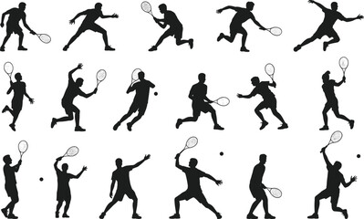 Silhouettes of tennis players in action, playing with rackets, athletic poses, dynamic motion, isolated figures on white background, competitive sports moments, fitness