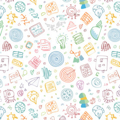 Hand-drawn scribbles and quirky abstract icons repeating 