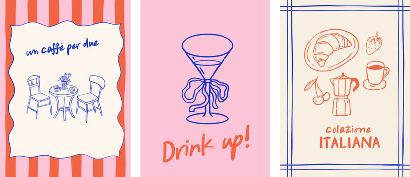 Mediterranean italian summer illustrations, lemons, cocktails, sardines, cherry tomatoes, lobster on plate, coffee espresso. Vertical poster,s card or background