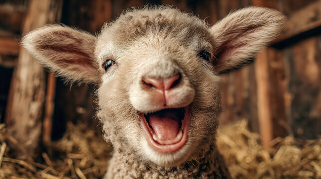 Joyful young lamb expressing pure happiness with closed eyes, showcasing charm and cuteness in a rustic barn environment, embodying the delightful spirit of farm life - Powered by Adobe