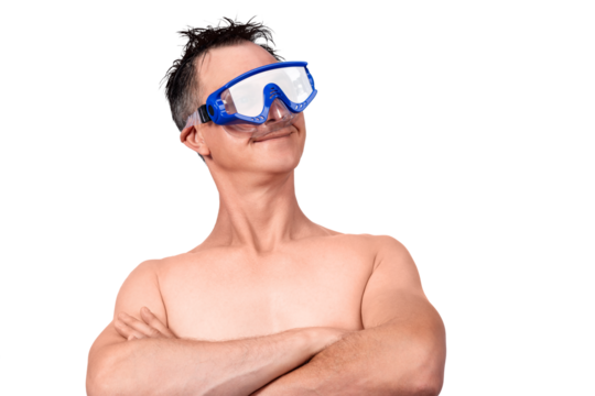 Shirtless man with swim mask posing proudly with arms crossed. Comical expression, wet hair. Transparent background. Funny and bold aquatic or summer concept image.