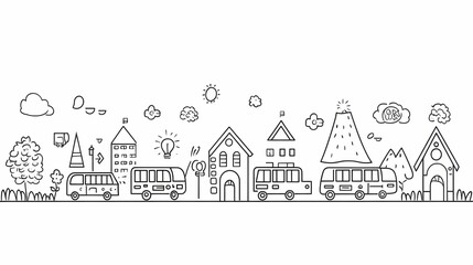 Naklejka premium Simple line drawing of a town with buses and buildings.