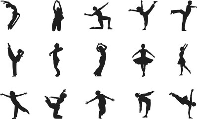 Silhouette dancers vector set, dance poses illustration, modern and ballet moves, artistic performance design, black dance icons, isolated on white