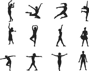 Set of graceful dancer silhouette poses, expressive female figures in motion, contemporary ballet movements, isolated vector illustrations on white background