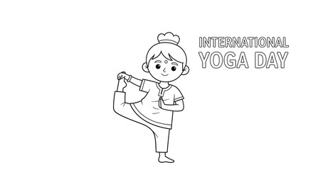 Fototapeta premium Cute cartoon child in yoga pose celebrating international yoga day with text isolated on transparent background