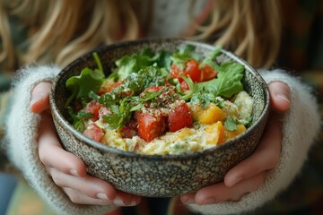 Cheerful vegetarian woman eating a bowl of homemade salad as breakfast,  a healthy, plant-based lifestyle, Generative AI