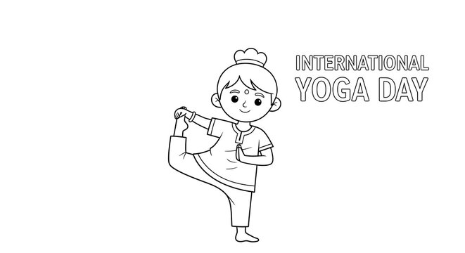 Cute cartoon child in yoga pose celebrating international yoga day with text isolated on transparent background