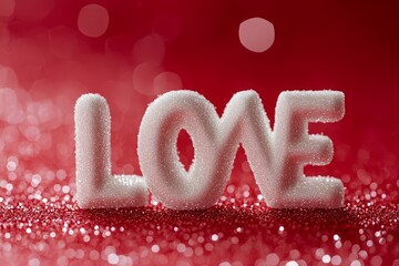 The word LOVE is made of white letters on a red glitter background. Valentine's Day, love, soft boke