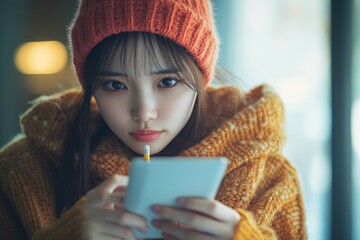 Sick day at home during winter season, young Asian woman with a fever checking her thermometer and measuring her  temperature to monitor illness, Generative AI