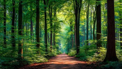 Obraz premium Forest Path Leading Through Sunlight Dappled Greenery