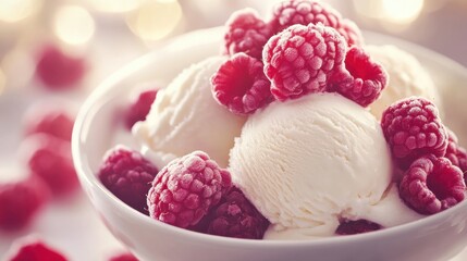 Savoring scoops of creamy ice cream with fresh raspberries at a summer dessert party