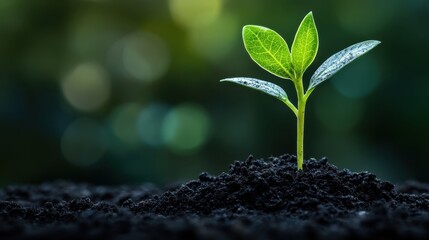 Emerging small sprout from dark soil nature plant growth close-up symbol of hope