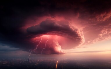 Dramatic thunderstorm with lightning over cityscape at sunset