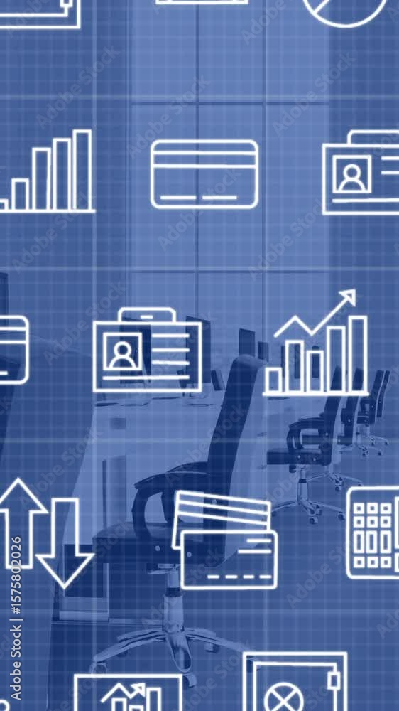 Poster animation of multiple icons over unoccupied chairs and computers on desk in office