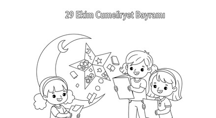 Children celebrating republic day with star and crescent symbols isolated on transparent background