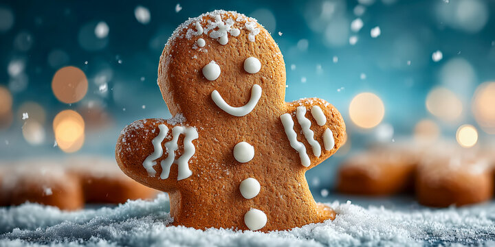 Festive gingerbread man cookie with detailed icing and playful snowflakes rests on a wintery surface, embodying the joy of holiday baking and seasonal cheer perfect for Christmas celebrations