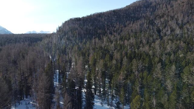 Drone aerial footage of a snowmobile riding across a frozen lake and snowy terrain in Russia. Captured from various angles, this footage highlights winter adventure, remote wilderness