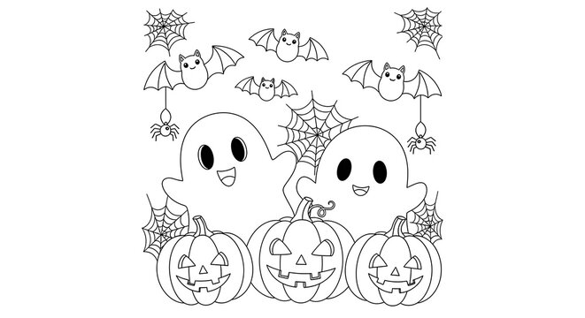Cute cartoon halloween ghosts bats pumpkins and spiders isolated on transparent background