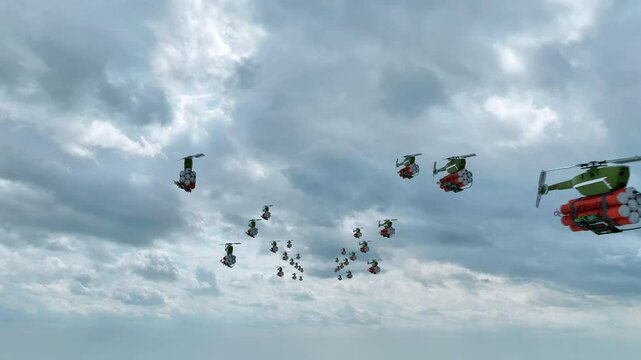 A swarm of autonomous AI kamikaze drones, armed with high explosives, flying overhead in active pursuit of enemy targets across the battlefield below.