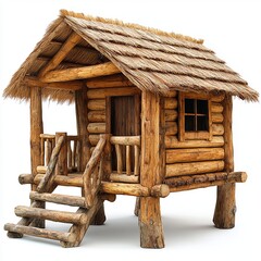 A charming wooden house with a thatched roof and rustic design.