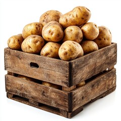 A rustic crate filled with fresh, organic potatoes.