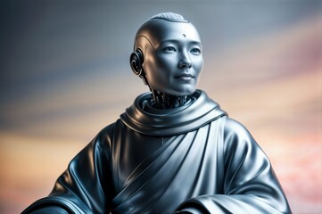 futuristic robot in metallic robe under gradient sky for use in sci fi concepts, digital art projects, or futuristic character design