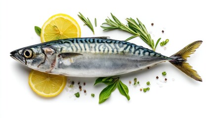 Flat lay of raw Atlantic mackerel with herbs and lemon slices placed beside, still isolated on pure white background, great for recipes, food blogs, or nutrition visuals