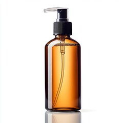 Stylish amber pump bottle for cosmetics and personal care products.