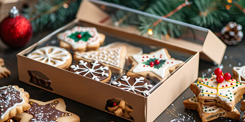 Christmas cookies with festive decorations in an open box

