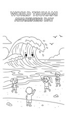 World tsunami awareness day cartoon wave and children playing on beach isolated on transparent background