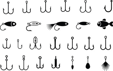 Various fishing hooks and lures collection, black silhouette icons, different shapes and sizes, fishing equipment, angling tools, isolated on white background