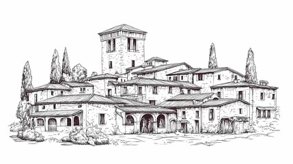 Obraz premium Hand-drawn illustration of a picturesque village.