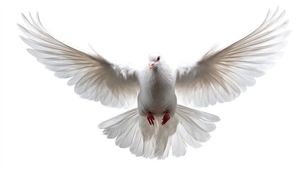 Obraz premium White dove in mid-flight with wings fully spread, feathers detailed and glowing slightly, isolated on pure white background, symbol of peace and freedom