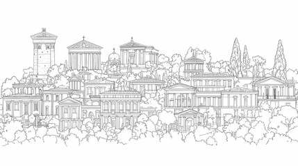 Architectural sketch of ancient buildings and landscape.