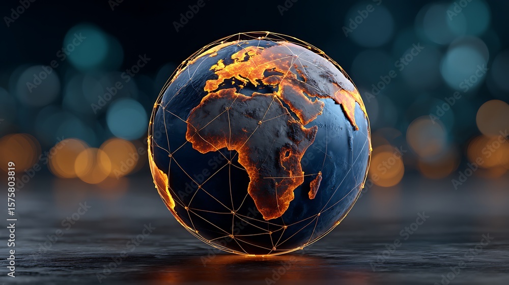Poster global network connections illuminated earth with glowing continents and digital grid overlay