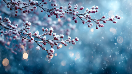 Frost-covered winter branches adorned with snowy buds and illuminated by soft bokeh lights create a tranquil atmosphere, capturing the essence of a peaceful winter day with falling snowflakes