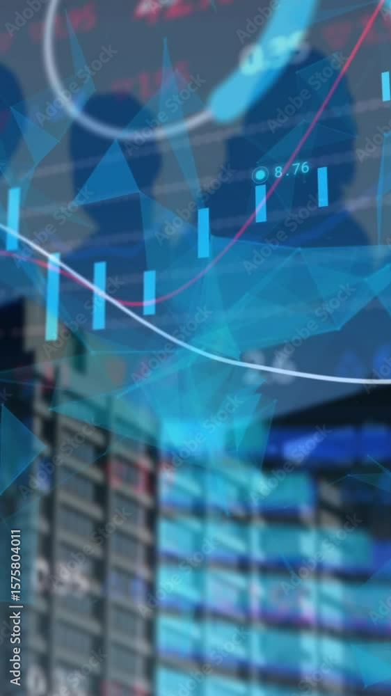 Poster animation of triangles, graphs and trading board with people shadow and modern building