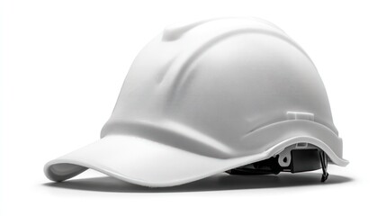 Fototapeta premium Side view of white hard cap with smooth matte finish, chin strap folded, realistic lighting, clean composition with large copy space on pure white background