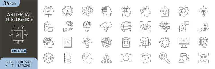 Artificial Intelligence editable line icons set. Includes icons for brain, neural network, machine learning, automation, robot, data analysis, and algorithm. Editable stroke. Perfect for infographics.