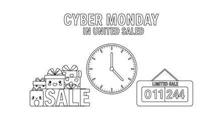 Cute cartoon gifts and sale sign with clock for cyber monday isolated on transparent background